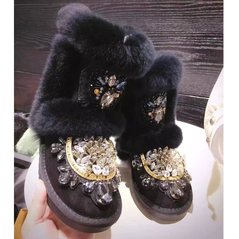 Sew On Rhinestone - Bling สีดําสีขาวอัญมณี Rhinestone เย็บกระต่ายขนรองเท้าบู๊ตหิมะเย็บปักถักร้อยคริสตัลรอบ Toe Warm