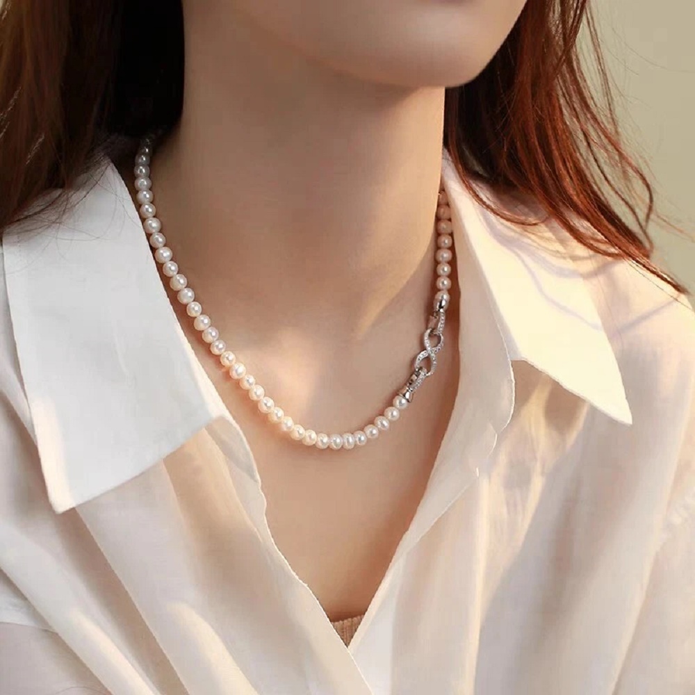 Pearl Trim Chain - สร้อยคอไข่มุกธรรมชาติอะโกยะ เอเอ็นเอเอ 6-7 มม. ชุดสร้อยคอสร้อยข้อมือต่างหูมุกกลม 20