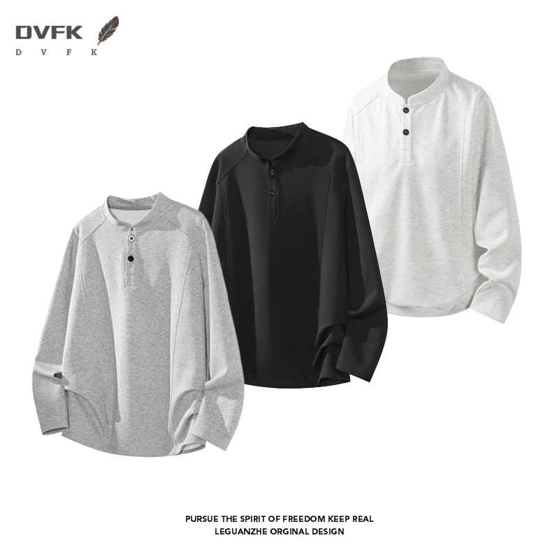 Embellish Knit - เสื้อเชิ้ตแขนยาวผู้ชายแบบแร็กแลน คอเฮนลีย์ กระดุมครึ่งตัว ทรงหลวม ชายโค้ง สไตล์ลำลองสำหรับใส่ในชีวิตประจำวัน