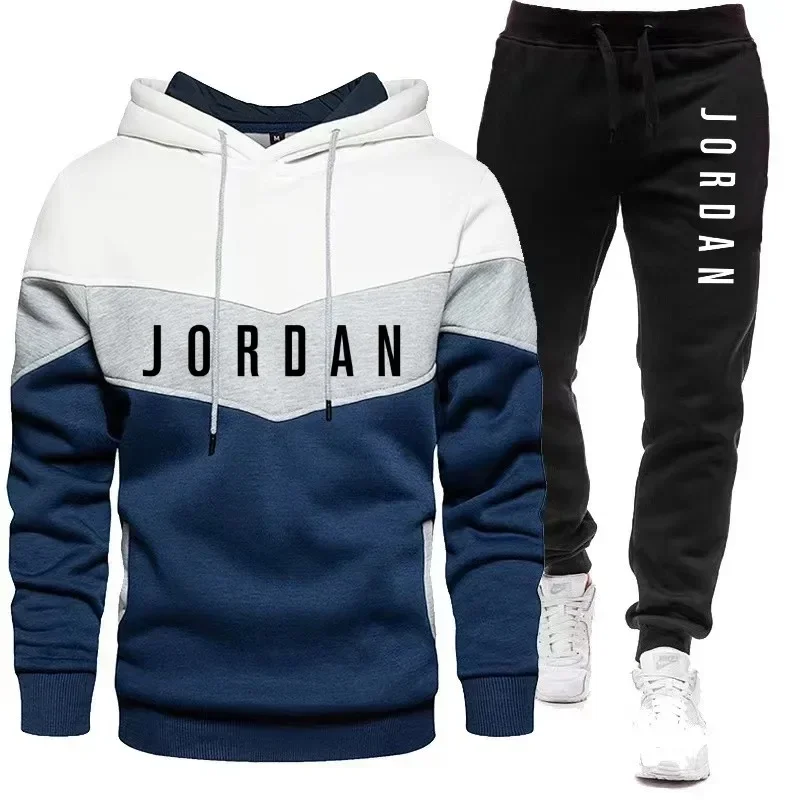 Embellish Knit - ชุดวอร์มพิมพ์ลายตัวอักษร Jordan สำหรับผู้ชาย เสื้อฮู้ดและกางเกงขายาวแบบสีตัดต่อ ชุดออกกำลังกายสองชิ้น